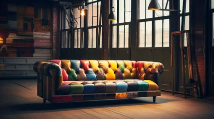 Deurstickers Patchwork seventies style sofa in a modern living room . 3D rendering. Vintage style. Ai generative. © Rosaria