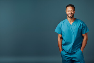 portrait of happy poc medical male staff wearing scrubs isolated on plain blue studio background, with copy space - obrazy, fototapety, plakaty