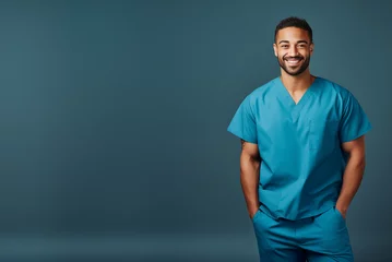 Foto op Aluminium portrait of happy poc medical male staff wearing scrubs isolated on plain blue studio background, with copy space © Ricky