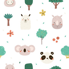 Seamless pattern with cute animal faces of koala, panda, llama, hippo, rhino and tropical trees