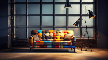 Patchwork seventies style sofa in a modern living room . 3D rendering. Vintage style. Ai generative. - obrazy, fototapety, plakaty