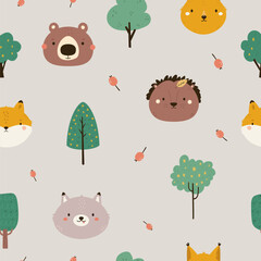 Seamless pattern with cute animal faces - bear, hedgehog, fox, wolf, squirrel and trees