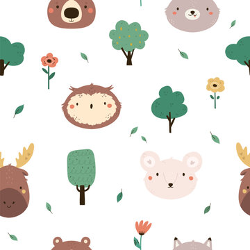 Seamless pattern with cute animal faces owl, moose, mouse, wolf, bear