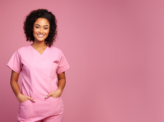 portrait of happy poc medical female staff wearing scrubs isolated on plain pink studio background, with copy space - obrazy, fototapety, plakaty