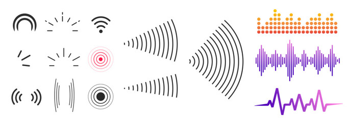 Signal radio waves icon wireless tech radar vector symbols graphic set, antenna detection sonar transmission rays, beacon acoustic sound voice locator station, transmitter frequency element image - obrazy, fototapety, plakaty