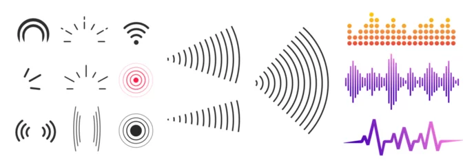 Fotobehang Signal radio waves icon wireless tech radar vector symbols graphic set, antenna detection sonar transmission rays, beacon acoustic sound voice locator station, transmitter frequency element image © vladwel