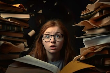 Stressed girl, information overload, books, student, schoolboy teaching homework. Information age stress concept. ai generated. - obrazy, fototapety, plakaty
