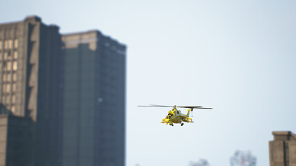 Yellow helicopter during a rescue operation in the city. 3d render