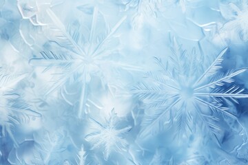 Light blue frost pattern on a window glass. Abstract background. Beautiful natural frosty winter backdrop on window. Texture wide screen with copy space - obrazy, fototapety, plakaty