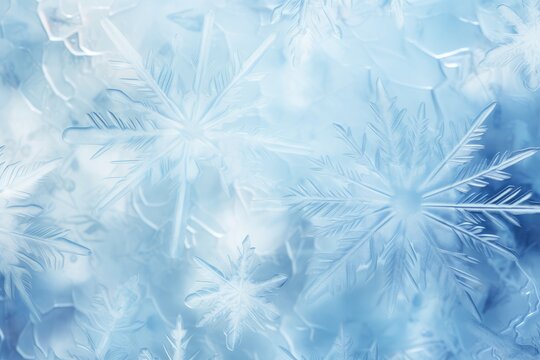 Light blue frost pattern on a window glass. Abstract background. Beautiful natural frosty winter backdrop on window. Texture wide screen with copy space