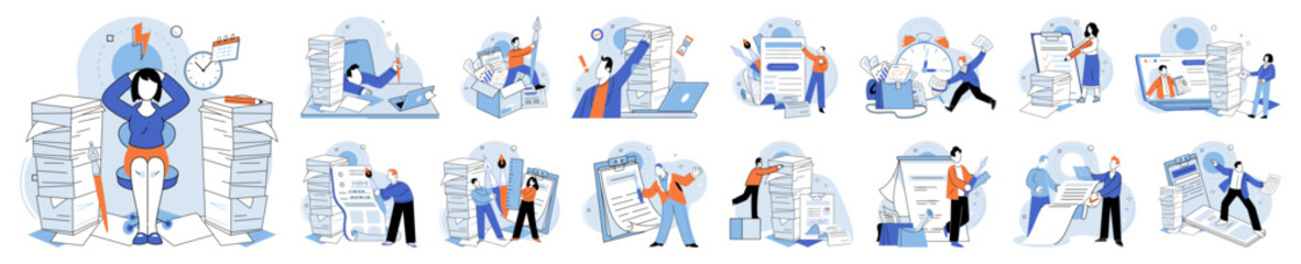 Paperwork. Vector illustration. A comprehensive financial report needs to be submitted to corporate headquarters by deadline The companys paperwork requires meticulous attention to detail and accuracy