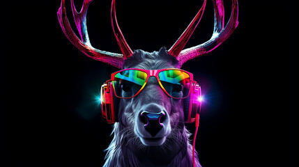 Portrait of reindeer Rudolph with sunglasses and headphone. Merry Christmas banner.