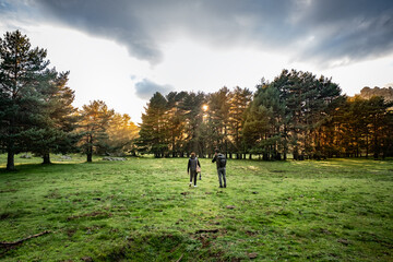 Fototapeta premium Hikers walk through a large meadow in the countryside in autumn.