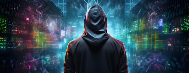 A concealed hacker operates covertly, representing the lurking dangers of cyber threats. - obrazy, fototapety, plakaty