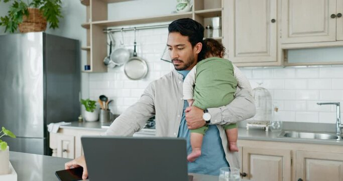 Laptop, remote work and father with baby in kitchen working from home for freelance, business and research. Family, childcare and man with child on computer reading email, planning or online project