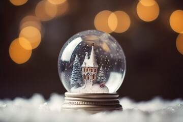 Fototapeta na wymiar Fairytale snowglobe with winter landscape inside and blurred bokeh background generative ai