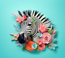 Zebras head with flowers on pastel blue green background.