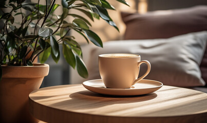 Cup or mug with tea or coffee stands on a table in a very tidy elegant room - theme rest and relaxation