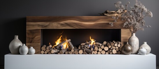Modern home with an artificial fireplace mimicking square form featuring ceramic logs for a realistic wood effect
