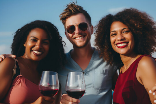Group drinking red wine from wine glasses outdoors on a summer day - theme alcohol and socializing
