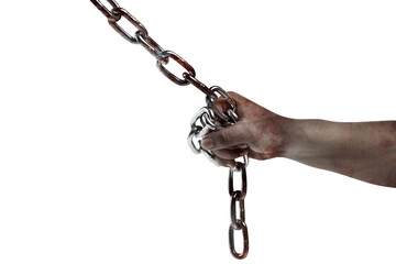 The hand of a scary zombie with blood and wounds tied on the iron chain