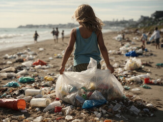 girl picking up plastic waste and garbage on the beach