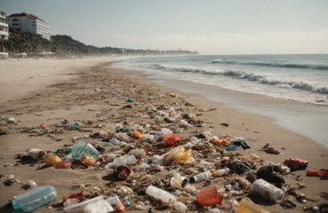 ground level view of beach contaminated with garbage and plastic waste