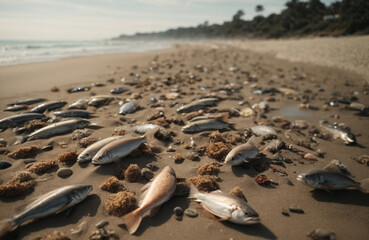 Obraz premium ground level view of dead fish on the shore due to sea pollution