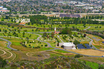 Close-up Aerial View of the Forest Lawn Cemetery in LA