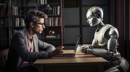 A man at a table communicates with a robot
