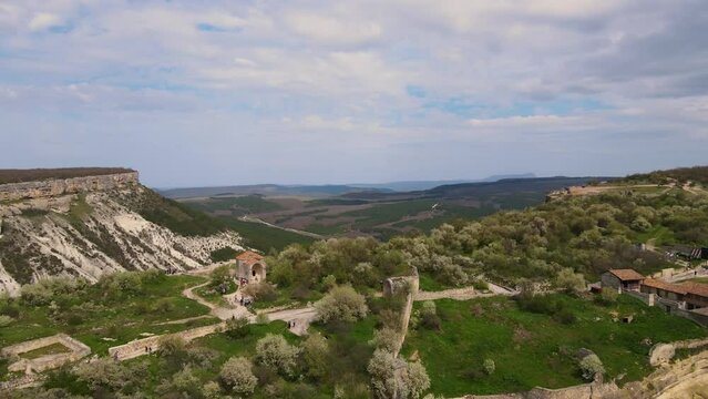 Drone descent with a view of the cave city of Chufut-Kale and the tomb of Tutankhamun&rsquo;s daughter, Janike. Crimea.