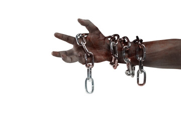 The hand of a scary zombie with blood and wounds tied on the iron chain