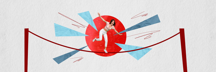 Collage photo conceptual collection panorama of young funny girl risky highline ropes panic nervous...