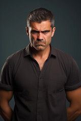 portrait of angry muscular threatening man isolated on plain gray studio background