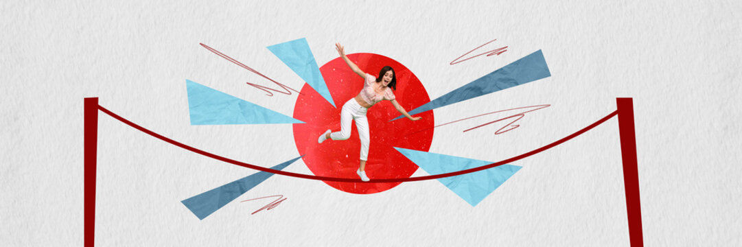 Collage photo conceptual collection panorama of young funny girl risky highline ropes panic nervous balancing isolated on white background