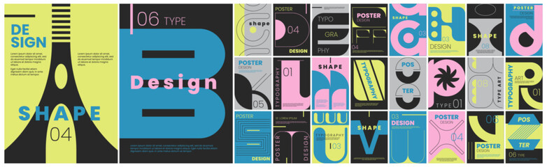 Posters or banners collection of brutalism modern font type. Aesthetics latin alphabet in brutal style. Set of geometric capital letters of abstract vintage shapes in square for cover design.