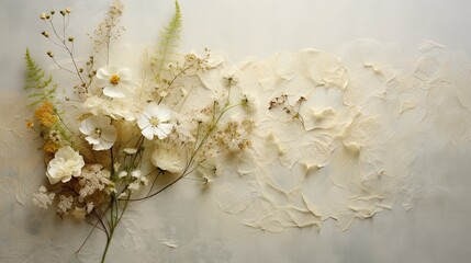 Ethereal Floral Parchment. A magical top-view of aged parchment surrounded by a delicate arrangement of wildflowers and soft ferns. 