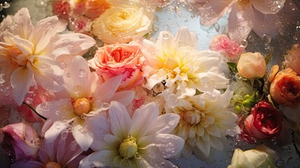 Garden wedding secrets. A close-up shot featuring an array of garden flowers with dewdrops. Jewellery, diamond, gem, bridal, fashion, celebration floral card design. 