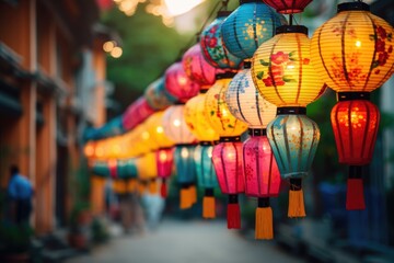 Hanging chinese lanterns over the street