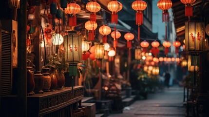 Fototapeta na wymiar Lanterns hanging across an old chinese street