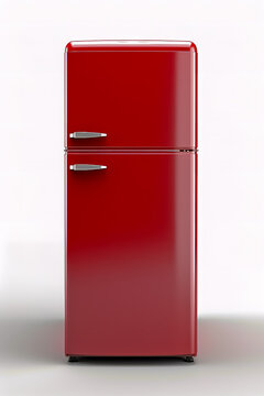 Red two chamber refrigerator on white background.