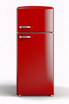 Red two chamber refrigerator on white background.