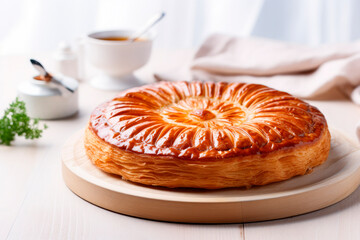 Galette des rois on wooden table. Traditional Epiphany cake in France - obrazy, fototapety, plakaty