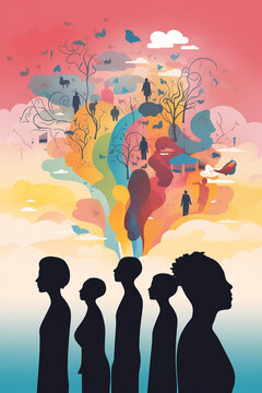 Meeting of emotional, mental and behavioral divergence living in society with a collective dream. Afro silhouette group of five creative people outside the norm gathered under colorful cumulus clouds.