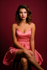 Young brunette woman in pink dress on dark red background.