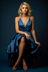 Fototapeta na wymiar Young blonde woman in blue dress on dark blue background.