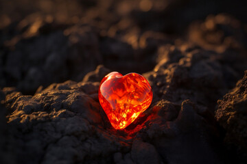 Fiery heart jewel at flames on volcanic ground generative ai - obrazy, fototapety, plakaty