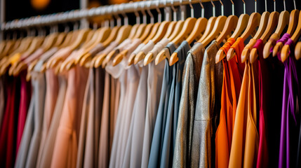 Women's dresses on a rack in a row in a store window.