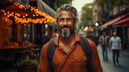 Obraz premium Middle age grey-haired man smiling happy walking at street of city. Smile emotion illustration. Generative AI