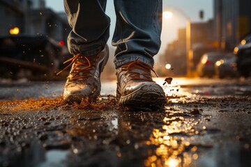 A close-up of the sneakers in wet weather.